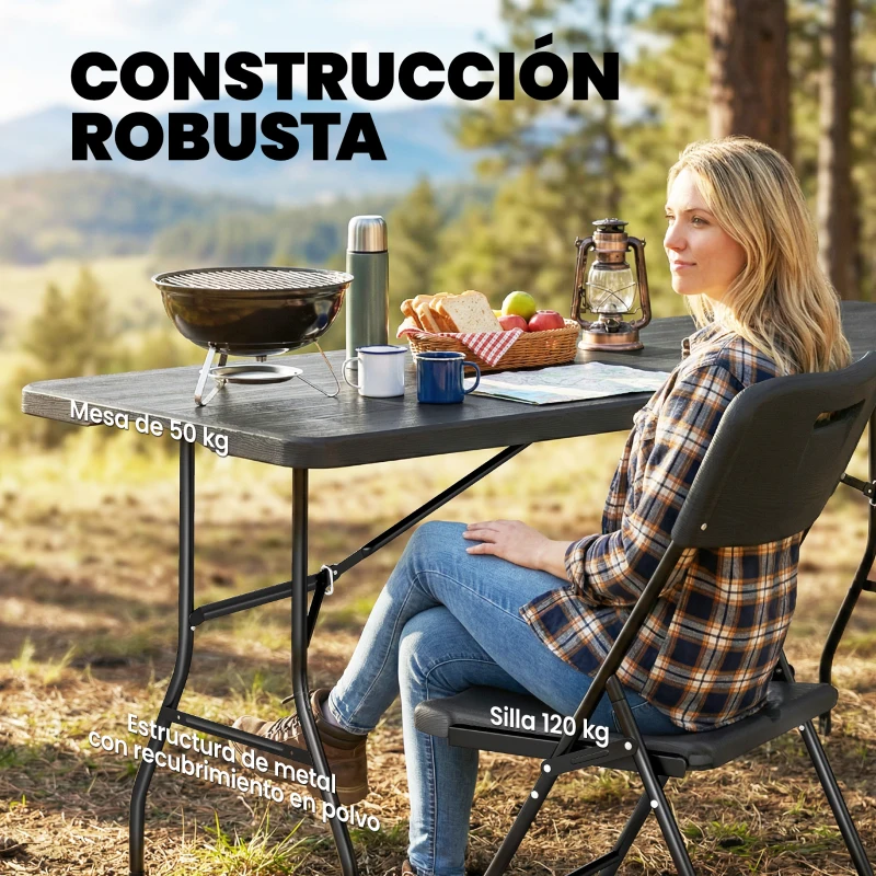 Outsunny Conjunto de Camping Plegable de 5 Piezas Mesa Plegable Camping con Sillas Tapa Impermeable HDPE y Marco de Metal