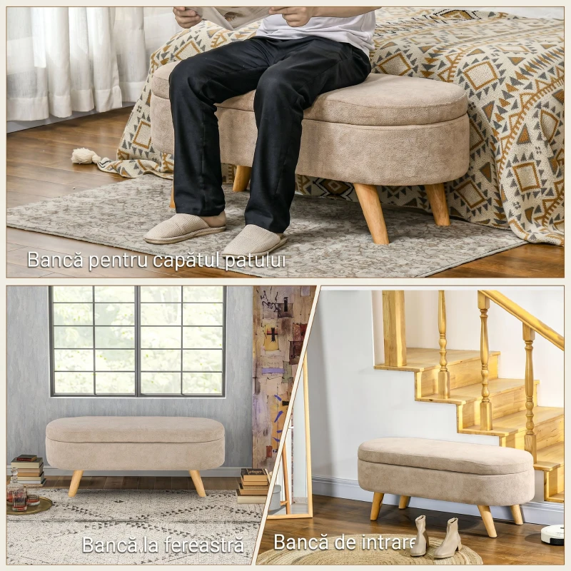 HOMCOM Bancă tapițată pentru capătul patului cu spațiu de depozitare ascuns, din lemn și poliester, 110x40x43 cm, bej