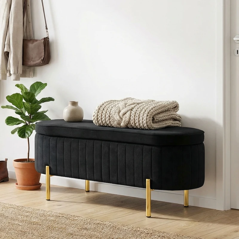 HOMCOM Bancă de Depozitare Ovală 72L cu Capac Rabatabil, din Catifea și Lemn, 108 x 44 x 43,5 cm, Negru