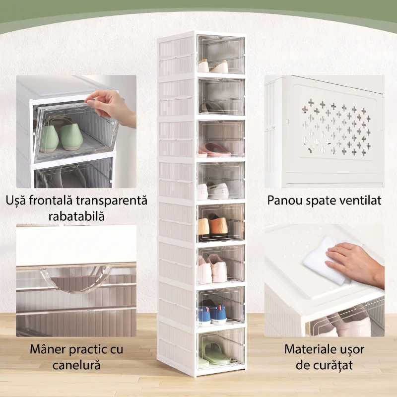 HOMCOM Dulap pentru pantofi cu 8 compartimente suprapozabile și pliabile, cu panou transparent, alb