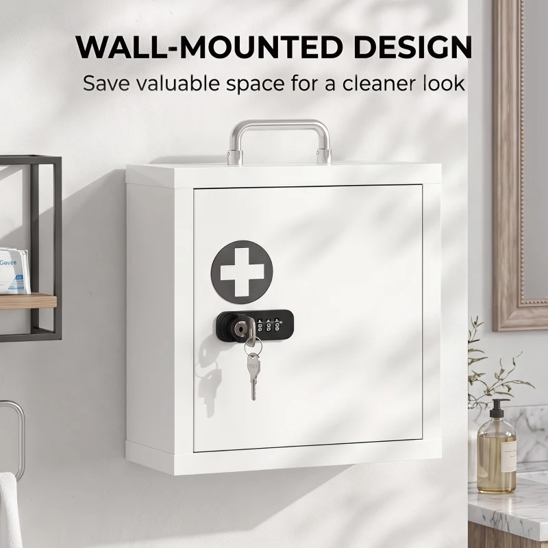 HOMCOM Wall Mount Medicine Cabinet with Combination and Key Lock, 2 Tier Stainless Steel First Aid Cabinet, White