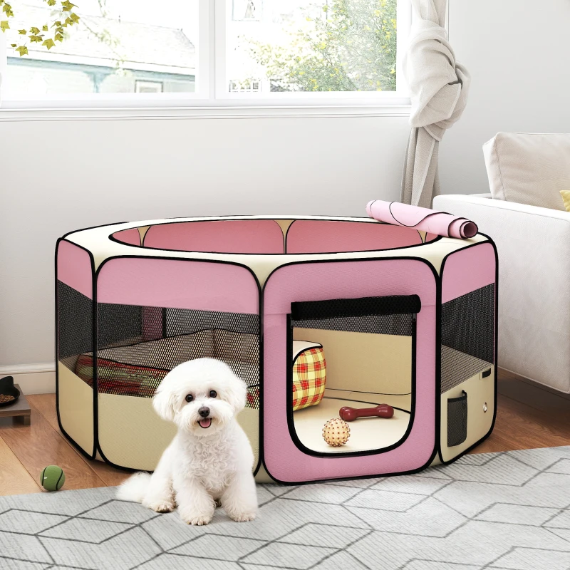 PawHut Parque Plegable para Perros y Gatos Corralito Portátil para Animales Pequeños Impermeable de Tela Oxford Ø120x58cm Rosa