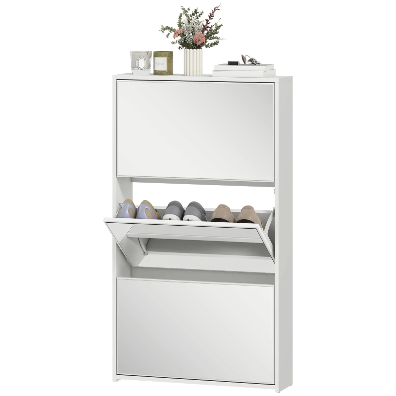 HOMCOM Scarpieră cu Oglindă și 3 Sertare Rabatabile pentru 9 Perechi de Pantofi, din Lemn, 65x17x114.5 cm, Alb
