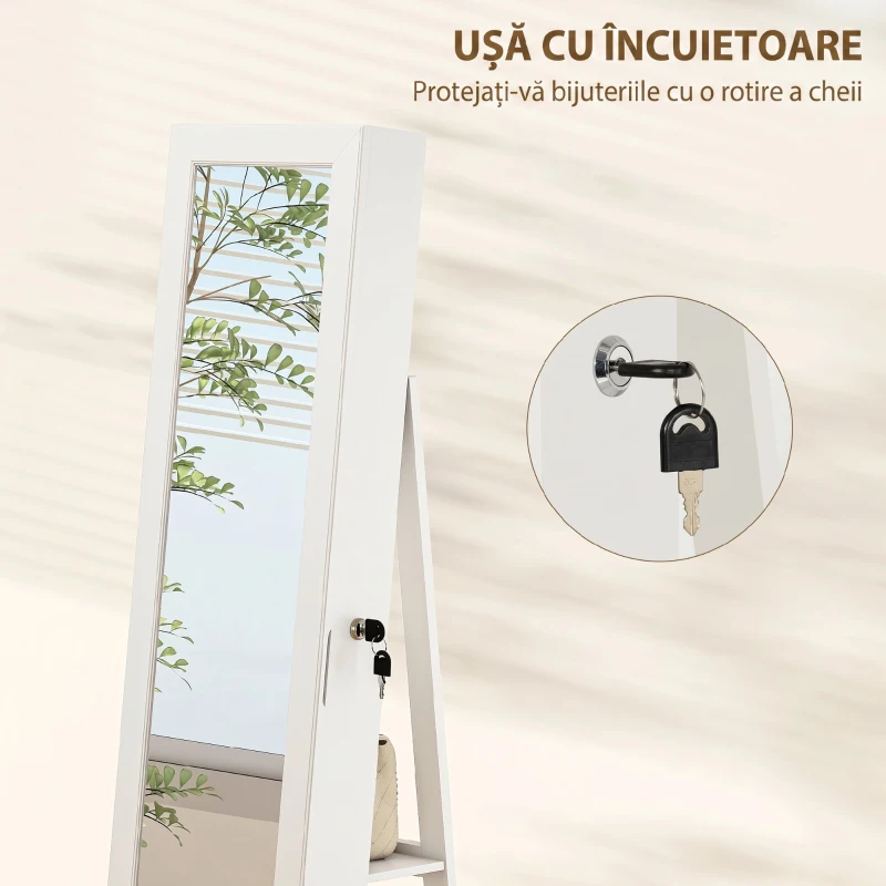 HOMCOM Dulap pentru Bijuterii 3 în 1 Rotativ la 360°, Rafturi din Spate și Ușă cu Cheie, 55x55x161 cm, Alb