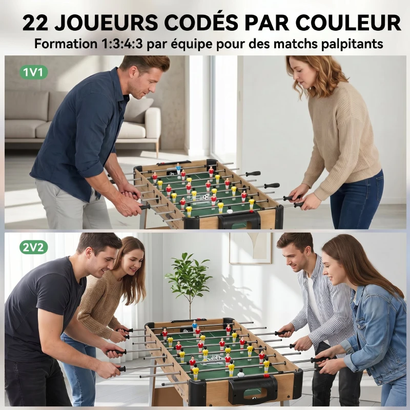 SPORTNOW Baby-foot pour Enfants et Adultes, 22 Joueurs, 2 Ballons, 2 Compteurs de Points Manuels, 109 x 77 x 72 cm, Chêne Jaune