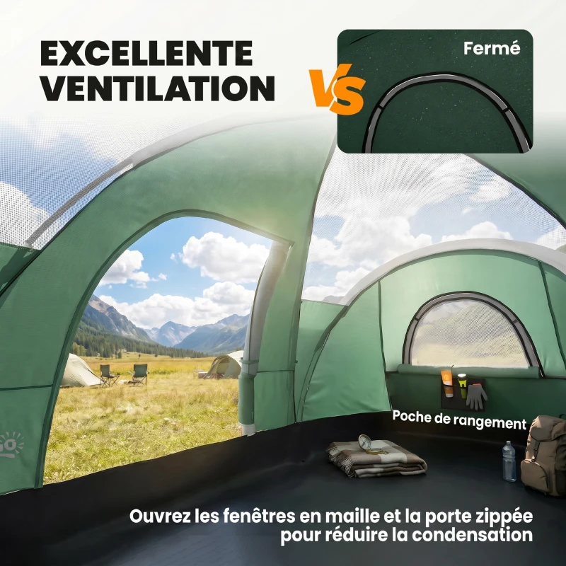 Outsunny Tenda da Campeggio 5 Posti Idrorepellente con Protezione UV, Pali in Fibra di Vetro, 4.55x2.2x1.8 m, Verde