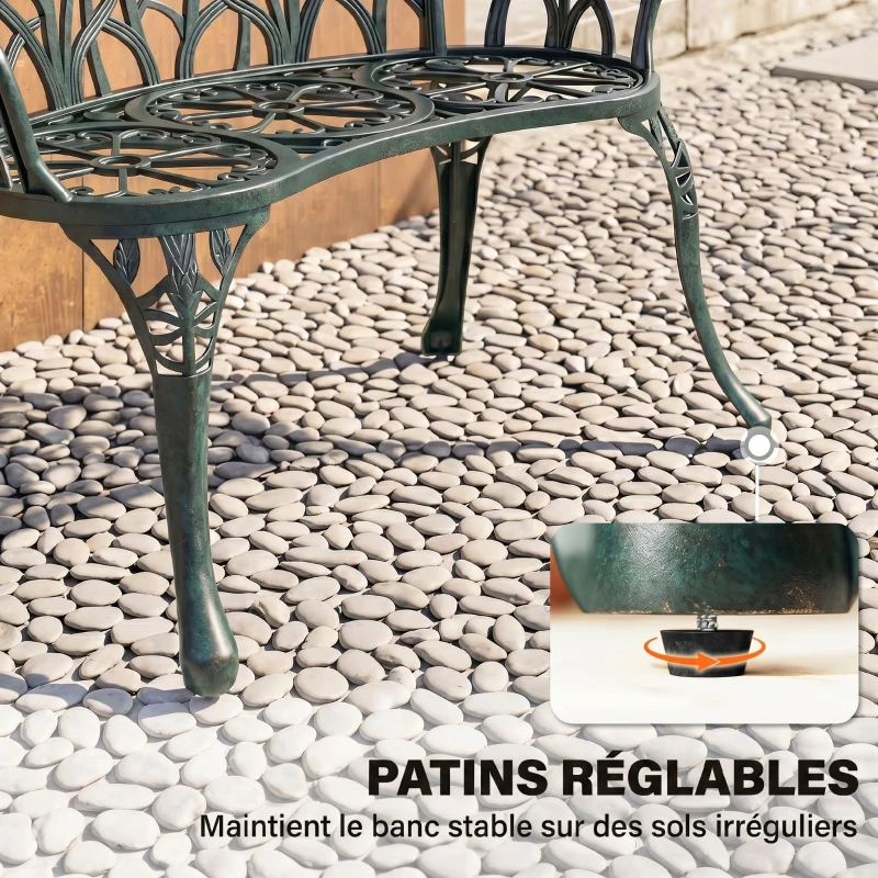 Outsunny Banc de jardin en aluminium moulé, banc extérieur 2 places avec dossier tulipe, assise florale, 99x57x78cm, vert antique