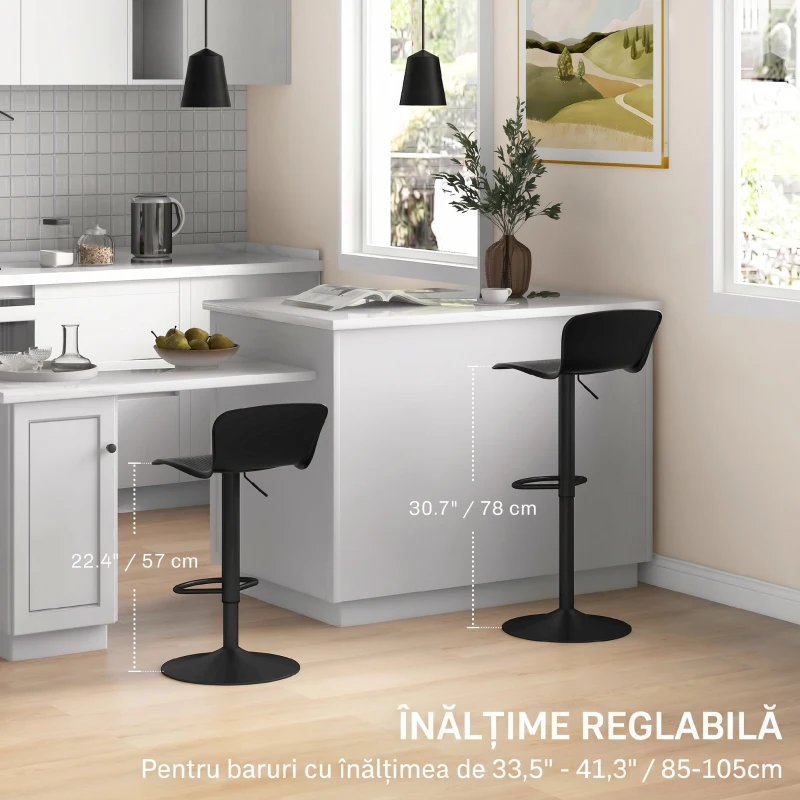 HOMCOM Set 2 scaune de bar cu spătar, rotative și cu înălțime reglabilă, polipropilenă, negru