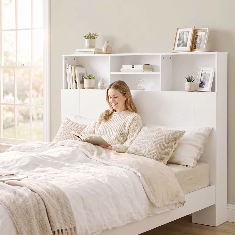 HOMCOM Cabeceira de Cama 140 cm com Arrumação e 4 Compartimentos Abertos para Quarto Branca