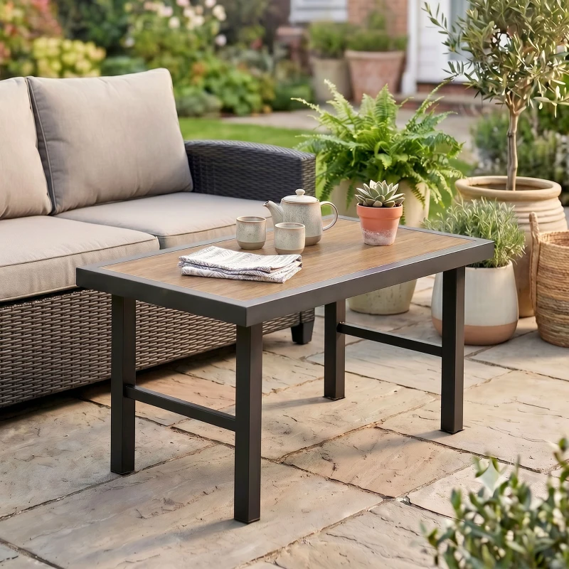 Outsunny Metal Garden Coffee Table, Outdoor Side Table with SPC Woodgrain Tabletop for Outside, Garden, Balcony, Porch, 100 x 53 x 46cm, Brown