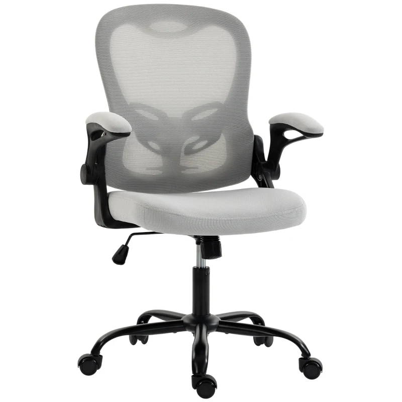 HOMCOM Ergonomischer Bürostuhl, Mesh-Bürosessel, klappbare Armlehnen, höhenverstellbar, Wippfunktion, Grau