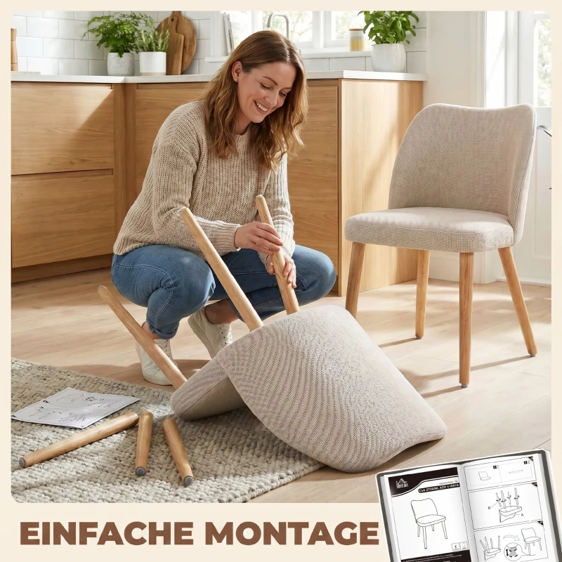 HOMCOM Set de 2 Scaune de Masă Moderne, Scaune de Bucătărie cu Tapițerie din In, Șezut Imbătut, Spătar Curbat, Picioare din Lemn de Cauciuc, Ușor de Asamblat, Alb Crem