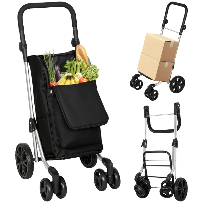 HOMCOM Trolley de courses, sac 46 litres, chariot pliable avec sac isotherme, poignée réglable, cadre en aluminium, Noir