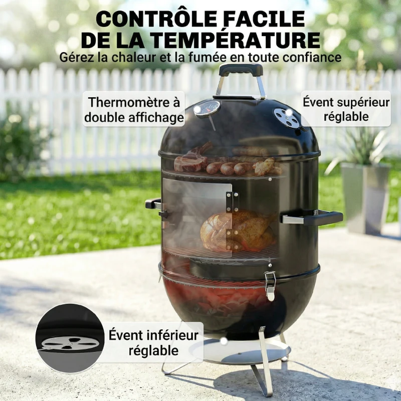 Outsunny Fumoir 3 en 1 avec 3 Grilles de Cuisson, Thermomètre Intégré, Ventilation Réglable, 62,5x47,5x91cm, Noir