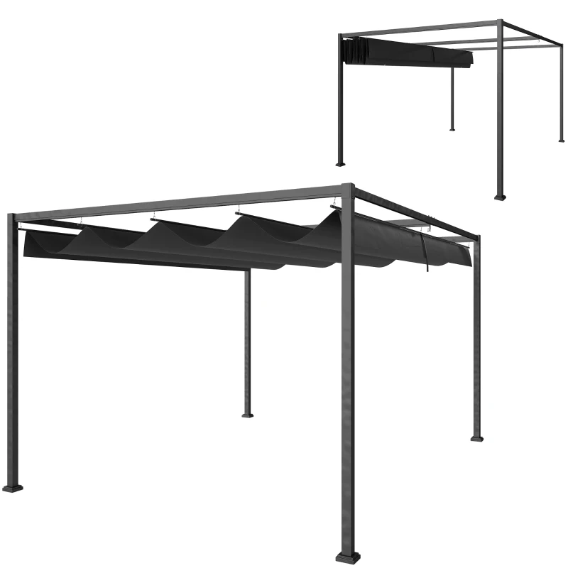 Outsunny Pergolă 3x2 m cu Acoperiș Retractabil, Orificii de Drenaj, Țepușe și Șuruburi, Pergolă de Grădină din Poliester și Metal, pentru Terasă, Curte, Exterior, Negru