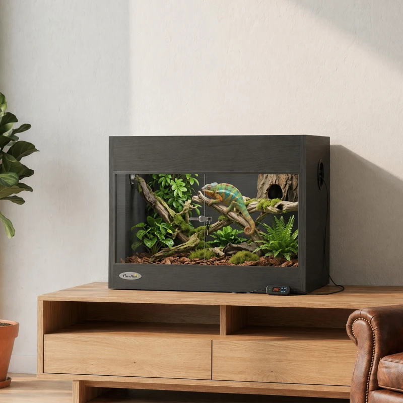 PawHut Reptile Terrarium, Reptile Vivarium with  Glass Doors, Secure Lock, Top Ventilation for Snake, Gecko, 60x45x45cm, Black