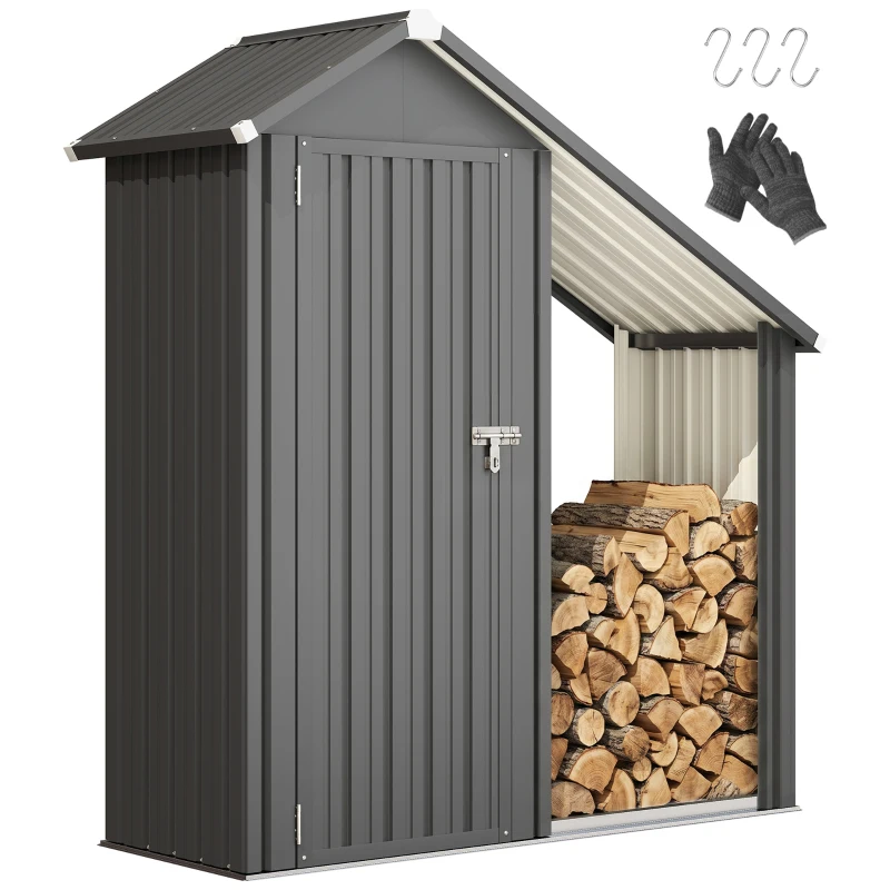 Outsunny Holzlager für draußen mit Werkzeugschrank, 0,77 m², 150x66x162 cm, aus verzinktem Stahl, Dunkelgrau