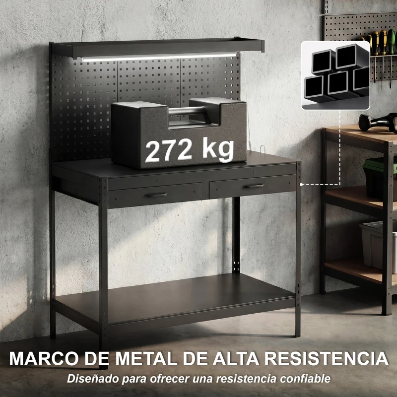 HOMCOM Banco de Trabajo Carga 272 kg 110x60x150 cm con Tableros Perforados Metálicos Toma de Corriente Luces LED Cajones Negro