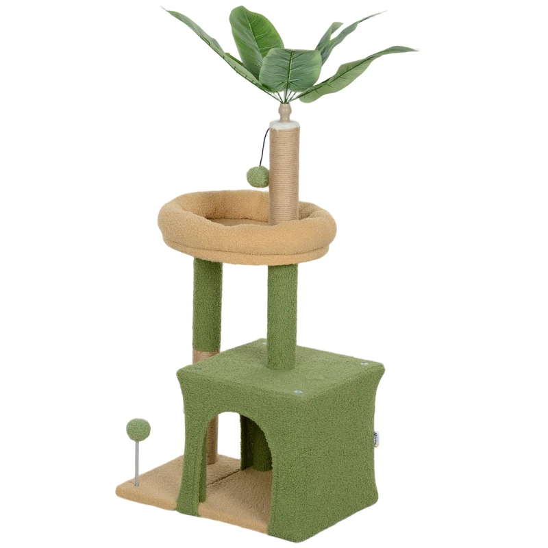 PawHut Arbre à chat tour de jeux pour chat avec niche lit griffoirs balles et feuilles artificielles 44 x 30 x 98 cm vert