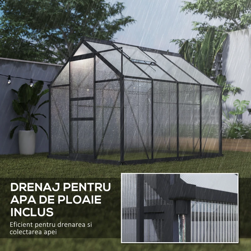 Outsunny Seră din Policarbonat, Seră Exterioară Durabilă cu Cadru din Aluminiu, Ușă și Fereastră pentru Ventilație, 6,2'x8,3'x6,6' Gri
