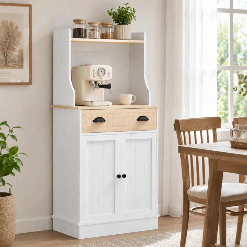 HOMCOM Mikrowellenschrank für Küche mit offenem Fach 1 Schublade und 2-türigem Schrank 61 x 35 x 125,4 cm Eiche