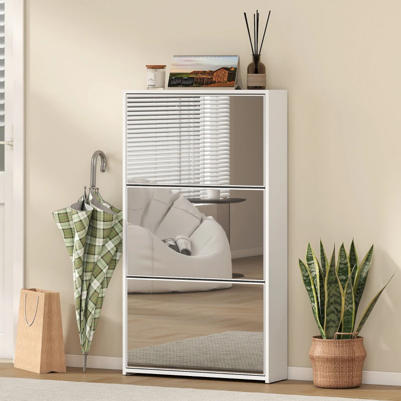 HOMCOM Scarpieră cu Oglindă și 3 Sertare Rabatabile pentru 9 Perechi de Pantofi, din Lemn, 65x17x114.5 cm, Alb