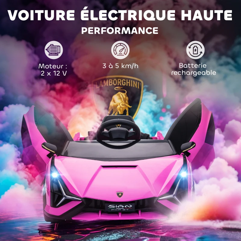 HOMCOM Voiture électrique Enfants de Sport Véhicule électrique Lamborghini Sian 12 V - V. Max. 5 Km/h avec Télécommande 2,4G Effets sonores + Lumineux Rose(m-4)