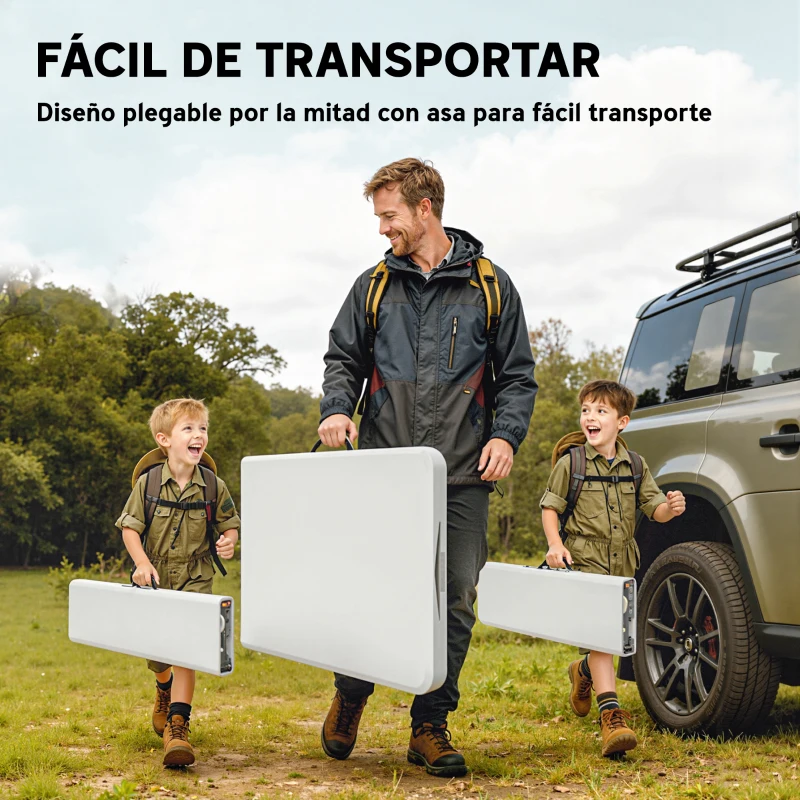 Outsunny Conjunto de Camping Plegable de Mesa y Bancos Asas para Exterior 180x74x74 cm y 182x28x42 cm Blanco