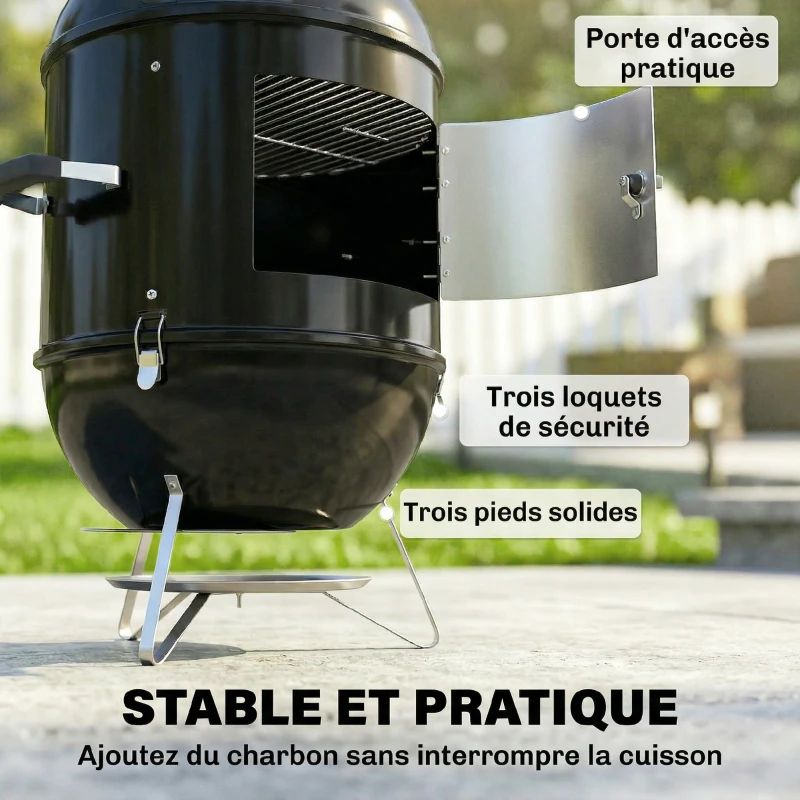 Outsunny Fumoir 3 en 1 avec 3 Grilles de Cuisson, Thermomètre Intégré, Ventilation Réglable, 62,5x47,5x91cm, Noir