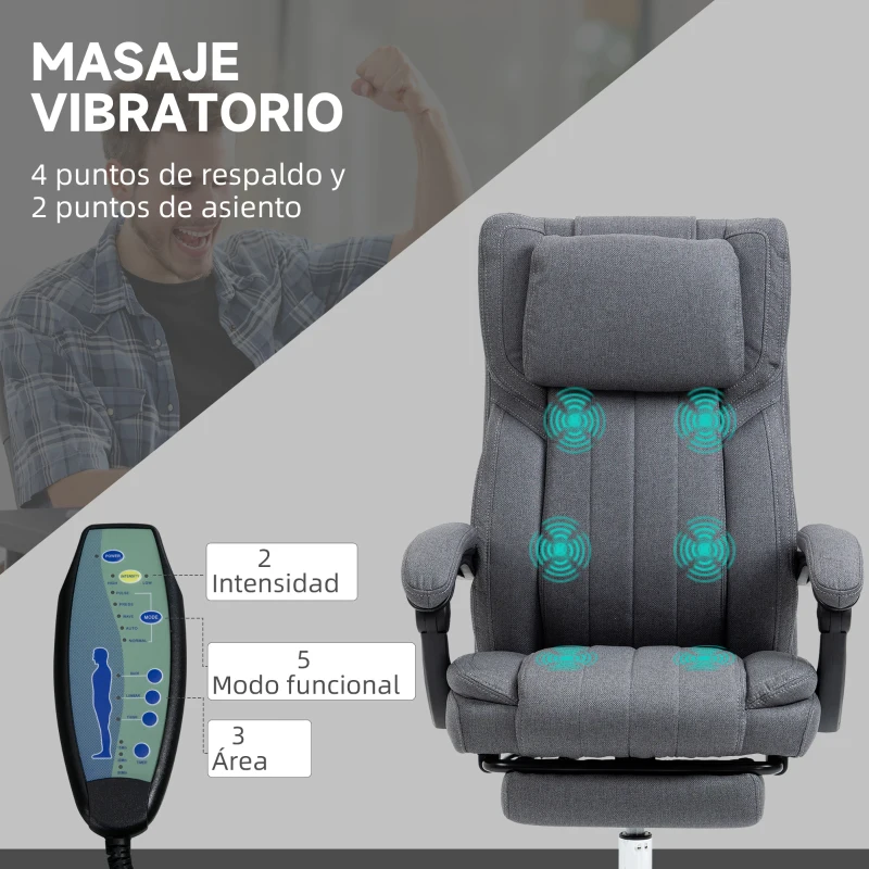 Vinsetto Silla de Oficina Reclinable y Giratoria  con 6 Puntos de Masaje Vibratorio con Mando de Control 65x61x108-118 cm Gris