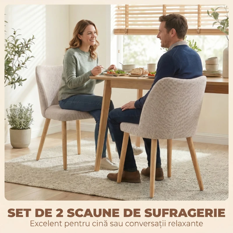 HOMCOM Set de 2 Scaune de Masă Moderne, Scaune de Bucătărie cu Tapițerie din In, Șezut Imbătut, Spătar Curbat, Picioare din Lemn de Cauciuc, Ușor de Asamblat, Alb Crem