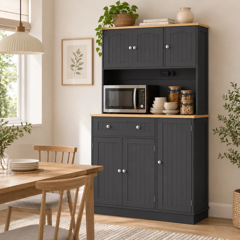 HOMCOM Aparador Alto de Cocina Armario de Cocina Estación de Carga 6 Puertas Encimera Porta Especias 100x40x173 cm Negro