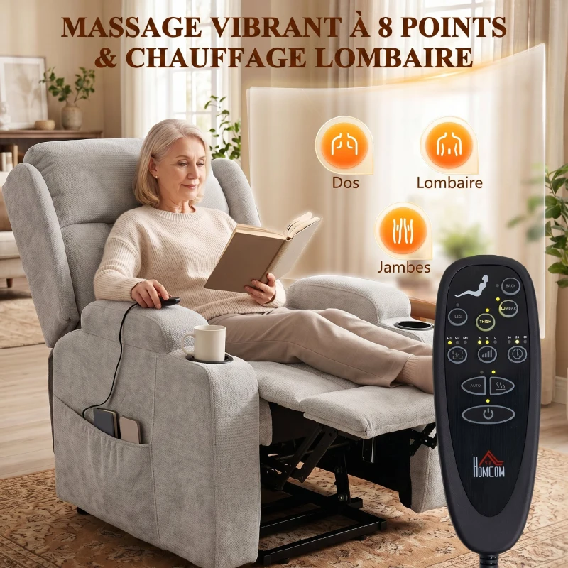 HOMCOM Fauteuil Releveur Électrique Massage et Chauffage, Fauteuil Relax Électrique en Chenille, Appui-tête Pliable, Gris Clair