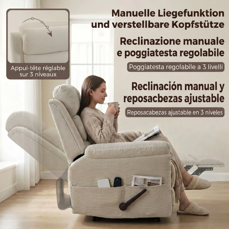 HOMCOM Fotoliu Reclinabil cu Funcție de Masaj și Încălzire, Chenille, Alb Crem