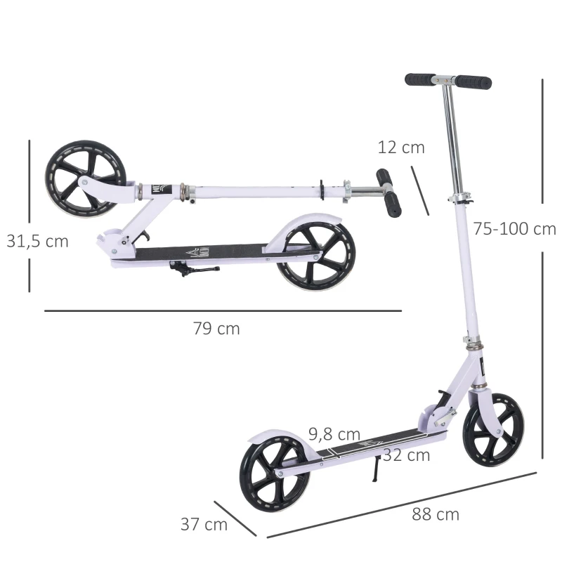 HOMCOM Trottinette Pliable Hauteur Guidon réglable sur 4 Niveaux système de freinage arrière pour enfant adolescent pois max. 100KG dim. 88L x 37l x 75-100H cm Blanc