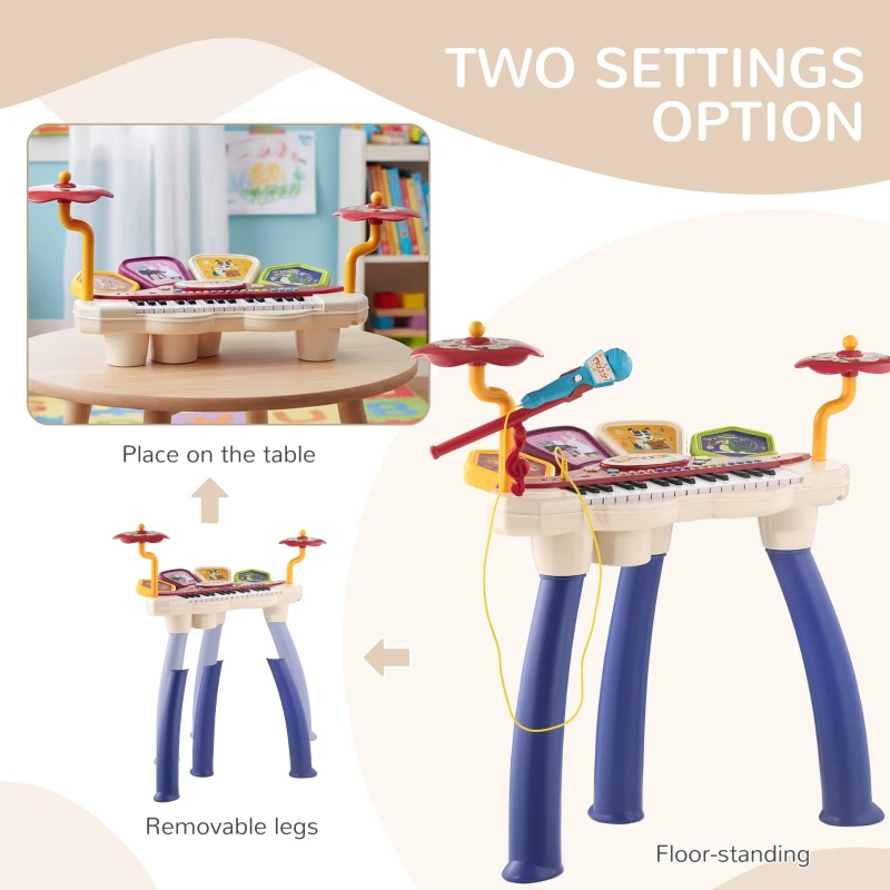 AIYAPLAY Juego de Piano 2 en 1 con Micrófono Luces 19 Canciones Batería y Volumen Ajustable 74x32,2x71cm Multicolor