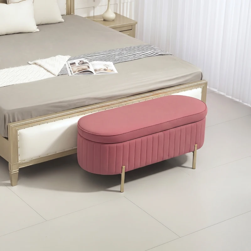 HOMCOM Banc de rangement, bout de lit en velours avec couvercle, pieds en métal, capacité 72 L, 108x44x43,5cm, rose
