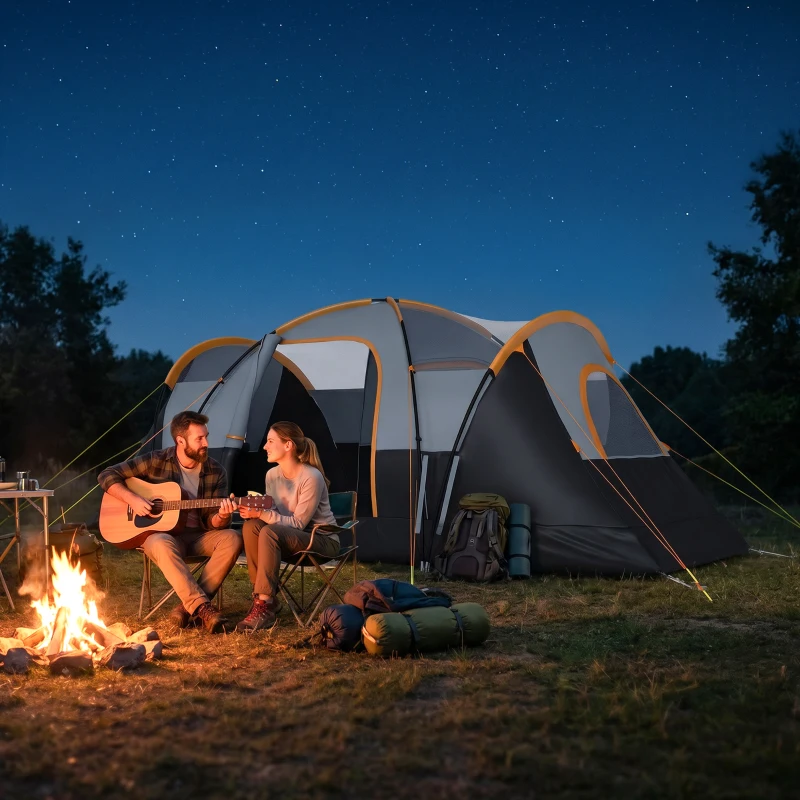 Outsunny Tente de camping familiale 5 pers. - tente tunelle ventilée - grande porte + 2 fenêtres gris clair