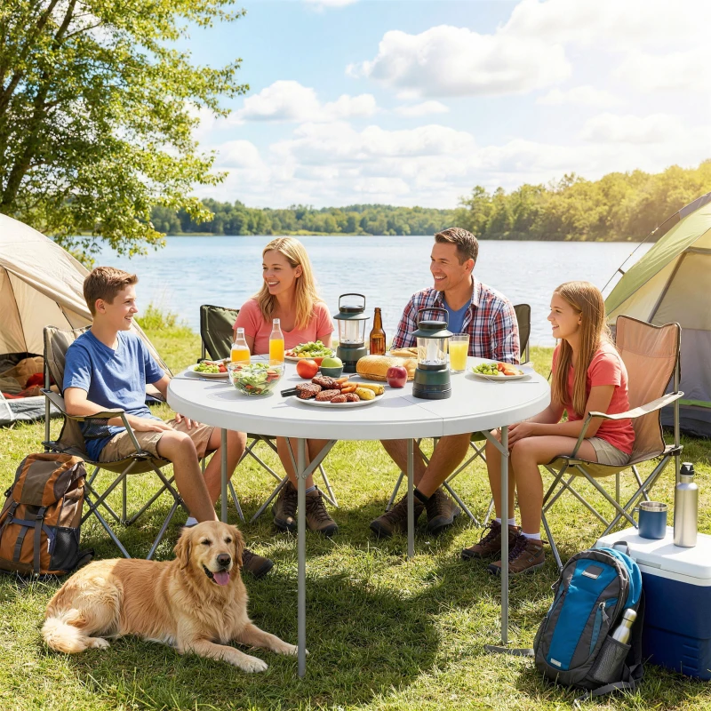 Outsunny Mesa Plegable Camping 120x120x74 cm Mesa Plegable Portátil con Encimera de HDPE Almohadillas Antideslizantes Blanco