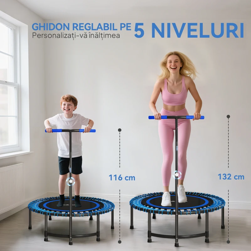 SPORTNOW Trambulină Fitness Ø145 cm cu Ghidon Reglabil pe 5 Poziții, 36 Arcuri Bungee și Capacitate 200 kg, Albastru