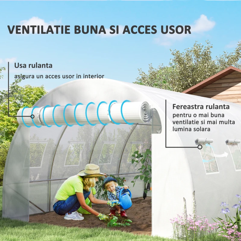 Outsunny Copertină pentru Seră din PE cu 8 Ferestre, Ușă Rulabilă și Margini Îngropate, 4x3x2 m, Alb
