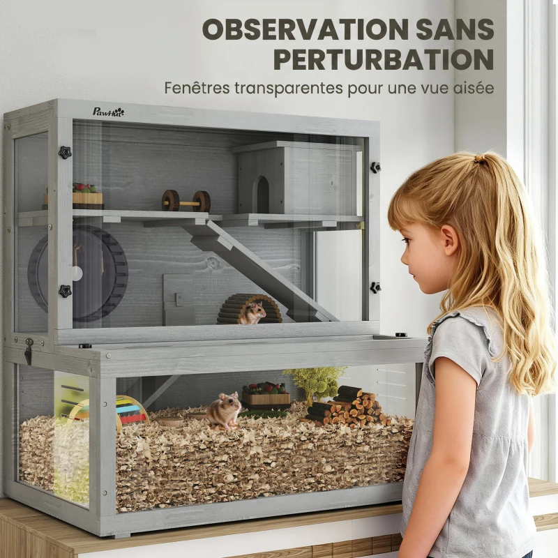 PawHut Cage Hamster en Bois, 3 Niveaux avec Cabane, Roue, Rampes, Panneau Transparent, Espaces Séparés, 80x50x84cm, Gris