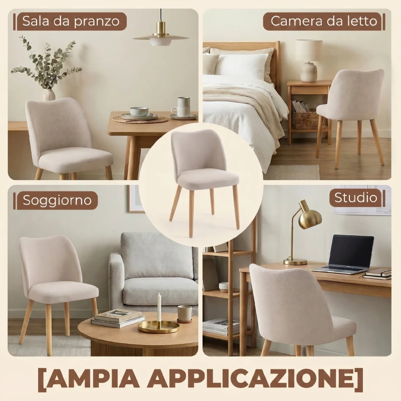 HOMCOM Set di 2 Sedie da Pranzo in Tessuto Effetto Lino e Legno di Caucciù, Seduta Imbottita, Schienale Curvo, Crema