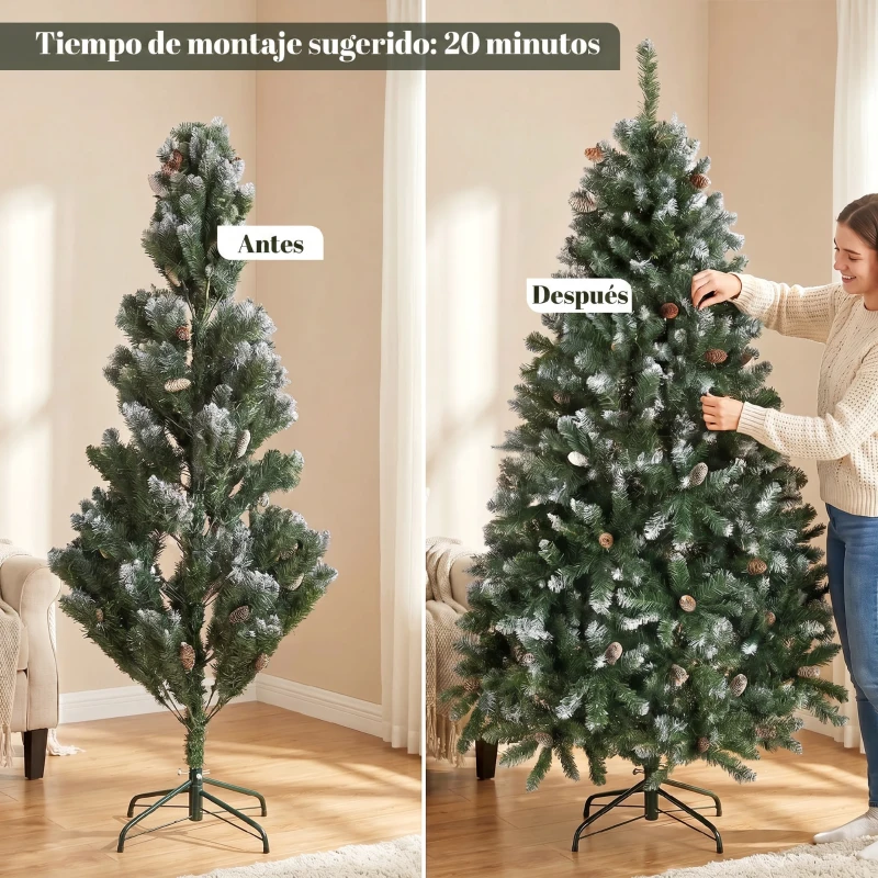 HOMCOM Árbol de Navidad Artificial 180 cm con 910 Ramas con Nieve 58 Piñas y Soporte Metálico Plegable Fácil Montaje Verde