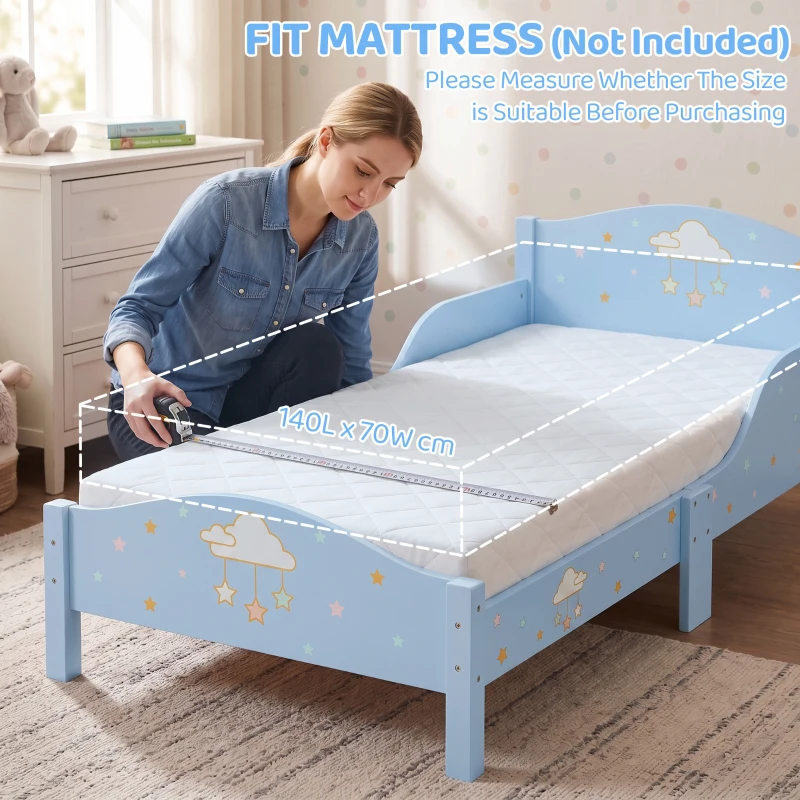 AIYAPLAY Lit Enfant 70 x 140 cm, Lit pour Enfant avec Barrière de Sécurité et Sommier à Lattes en Bois, Motif Nuage, Bleu