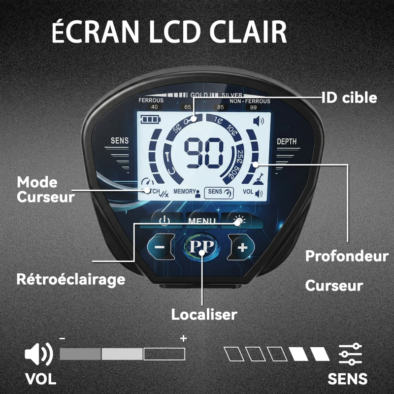 Outsunny Détecteur de métaux pour adultes, bobine de recherche étanche IP68 avec écran LCD, détecteur d'or à 3 modes avec pelle