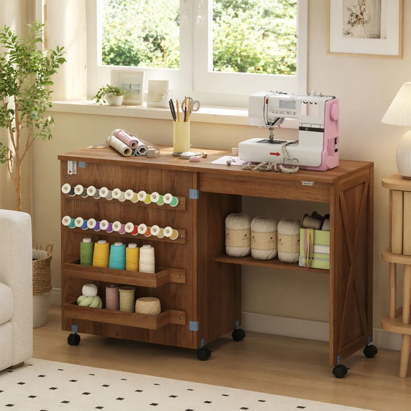 HOMCOM Folding Sewing Table, Rolling Craft Table with Storage compartments, Shelf and Lockable Casters for Small Spaces, Brown