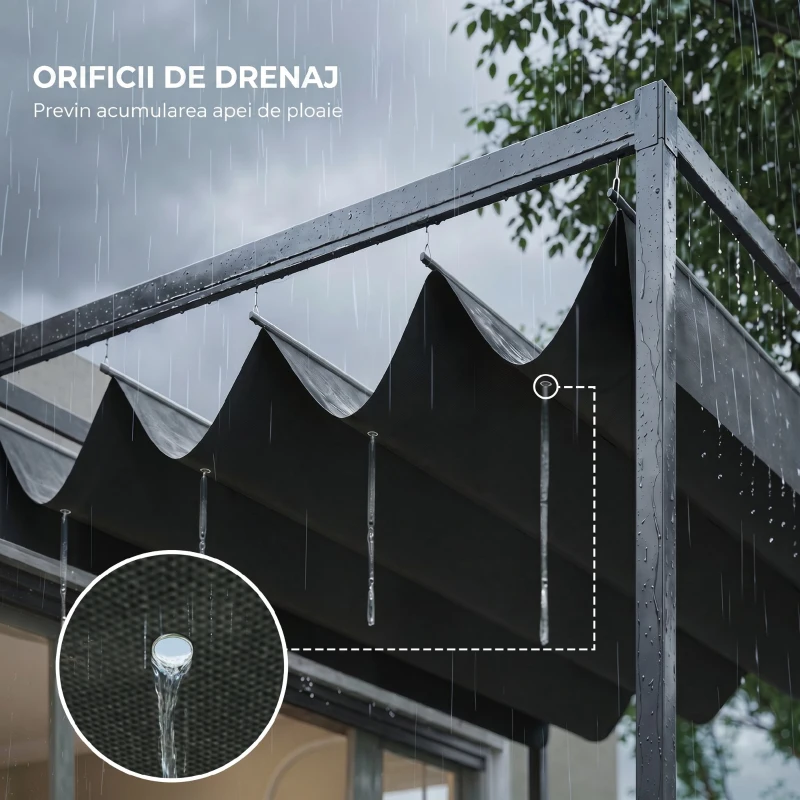 Outsunny Pergolă 3x2 m cu Acoperiș Retractabil, Orificii de Drenaj, Țepușe și Șuruburi, Pergolă de Grădină din Poliester și Metal, pentru Terasă, Curte, Exterior, Negru