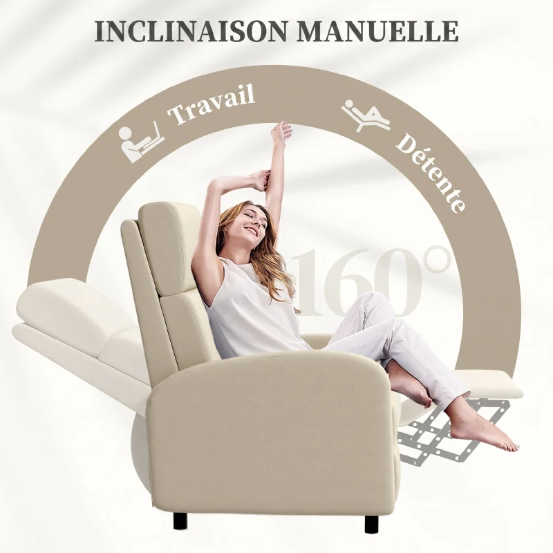 HOMCOM Fauteuil Relax Inclinable jusqu'à 160° Manuellement avec Repose-Pieds Intégré, Charge Max. 120kg, Grand Confort, Crème
