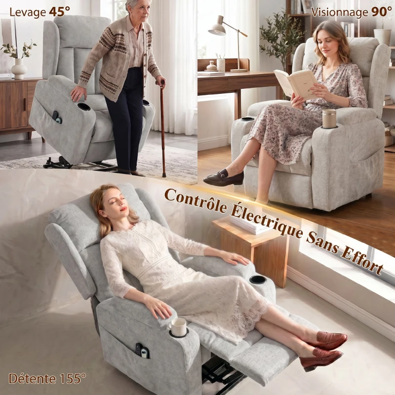 HOMCOM Fauteuil Releveur Électrique Massage et Chauffage, Fauteuil Relax Électrique en Chenille, Appui-tête Pliable, Gris Clair
